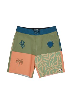 Męskie kąpielówki z układem kolorów w zielonym, brzoskwiniowym i niebieskim, ozdobione grafikami słońca, palmy i wodorostów, z wiązanym paskiem w pasie.