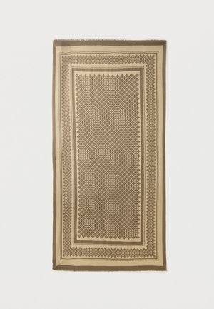 Sciarpa rettangolare beige con motivo geometrico a diamante marrone che riempie il centro e bordata da cornici con motivi simili.