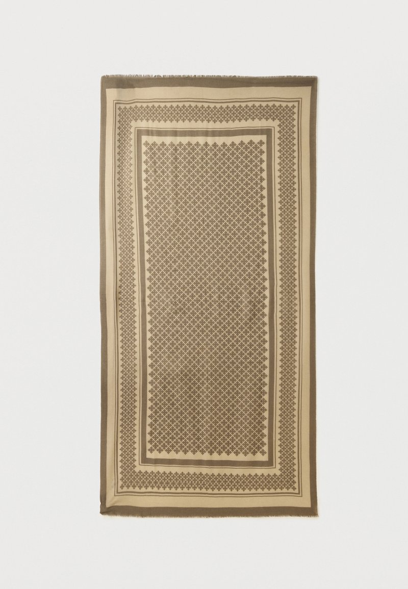 Écharpe rectangulaire beige avec un motif géométrique de losanges marron au centre, bordée de cadres à motif similaire.