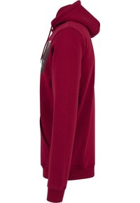 Sudadera con capucha roja con bolsillo delantero, capucha ajustable con cordón, puños y dobladillo acanalados. Textura suave y silueta ajustada.