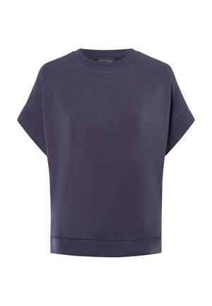 Dunkellila Kurzarm-T-Shirt mit rundem Halsausschnitt und lockerer Passform. Glatter, weicher Stoff mit einer subtilen Textur auf der gesamten Fläche.