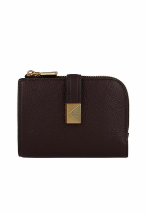 Dark burgundy leather wallet with a textured finish, gold-tone zipper, and a gold accent on the front featuring a geometric design.