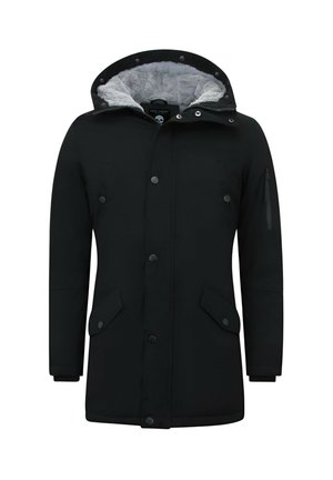 Zwarte geïsoleerde parka met knopen aan de voorkant, klepzakken, ritssluiting op de mouwzak en grijze fleece gevoerde capuchon, ontworpen voor koud weer.