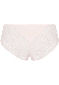 Kanten slip in zachtroze met een bloemenkant overlay en een naadloze achterkant. Heeft een hoger uitgesneden been en een zachte, comfortabele stof.