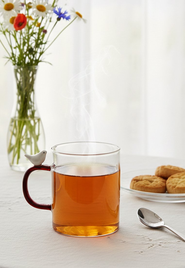 Parująca filiżanka herbaty w szklanym kubku z uchwytem w kształcie ptaka, talerz ciasteczek, łyżeczka i wazon z kolorowymi polnymi kwiatami na białym stole.