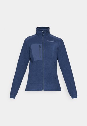 Casaco de fleece azul-marinho com gola alta, fecho na frente e um bolso no peito esquerdo. Tecido texturizado e costuras planas. Dois bolsos laterais.