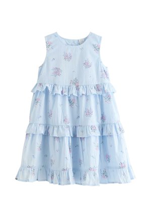Lyseblå ærmeløs kjole til småbørn med lyserøde og lilla blomsterprint og lagdelte flæsedetaljer på skørtet og overdelen.