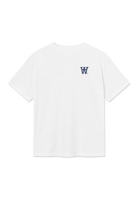 White cotton t-shirt featuring a round neckline, short sleeves, and a navy blue “W” logo on the left chest. Plain, smooth texture.
