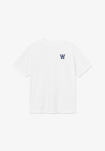 T-shirt bianco in cotone con scollatura rotonda, maniche corte e logo "W" blu navy sul lato sinistro del petto. Tessuto liscio e semplice.