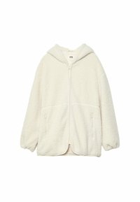 Cremefarbene, kapuzenförmige, Reißverschlussjacke aus flauschigem, strukturiertem Material mit zwei Fronttaschen und elastischen Ärmeln an den Bündchen.