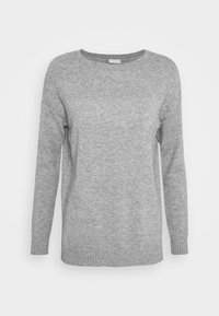 Maglione grigio realizzato in morbido tessuto a maglia, con scollatura rotonda, maniche lunghe e polsini e orlo a costine. Design semplice e classico.
