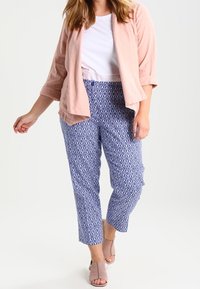 Light pink, soft fabric blazer, white top, blue patterned pants with geometric design. Model wearing open-toe, light gray heeled sandals.