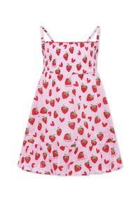 Abito estivo a fantasia di fragole in rosa con spalline regolabili, corpetto arricciato e orlo a balze a strati. Realizzato in tessuto leggero.