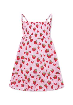 Robe d'été à motifs de fraises en rose avec des bretelles réglables, un corsage froncé et un ourlet à volants en étages. Fabriquée en tissu léger.