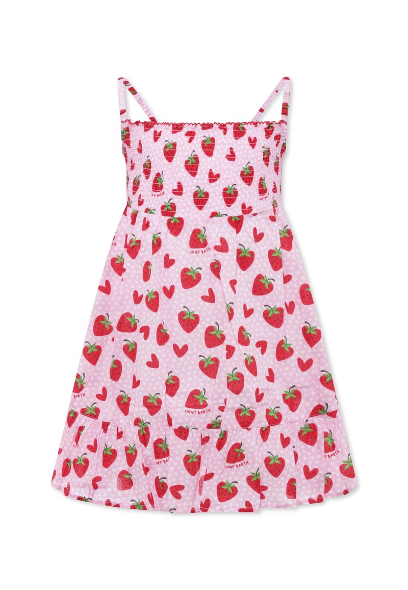 Abito estivo a fantasia di fragole in rosa con spalline regolabili, corpetto arricciato e orlo a balze a strati. Realizzato in tessuto leggero.