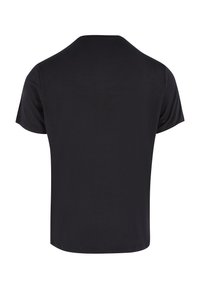 Jednoduché černé tričko s krátkým rukávem zobrazené ze zadní strany, s kulatým výstřihem, bez viditelných log nebo designů.