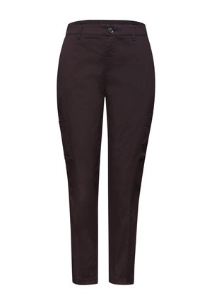 Dunkelbraune Slim-Fit Cargohose mit Knopfverschluss, Gürtelschlaufen und Seitentaschen auf weißem Hintergrund.