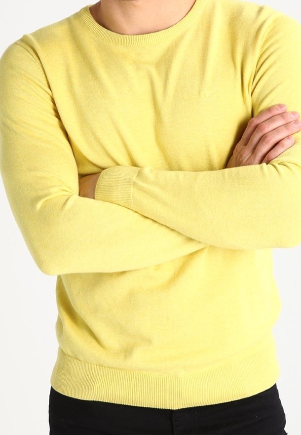 Personne portant un pull jaune à manches longues, bras croisés, debout devant un fond blanc uni.