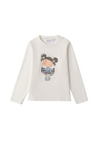 Weißes Langarm-T-Shirt aus Baumwolle, mit einem Cartoon-Druck eines Mädchens in einem blauen Kleid und einem schwarz-weißen Hahnentrittmuster-Rock.