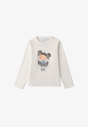 Maglietta a maniche lunghe bianca in cotone, con stampa di un cartone animato che raffigura una ragazza in un abito blu con una gonna a quadri bianca e nera.