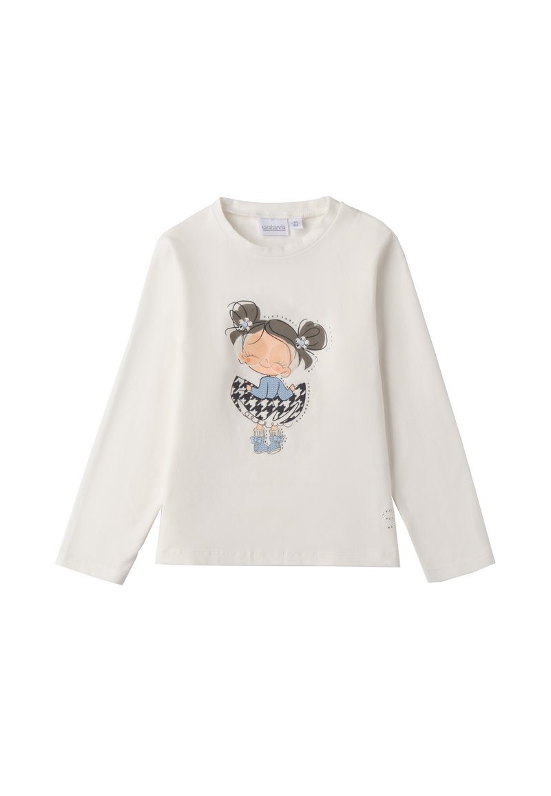 Weißes Langarm-T-Shirt aus Baumwolle, mit einem Cartoon-Druck eines Mädchens in einem blauen Kleid und einem schwarz-weißen Hahnentrittmuster-Rock.