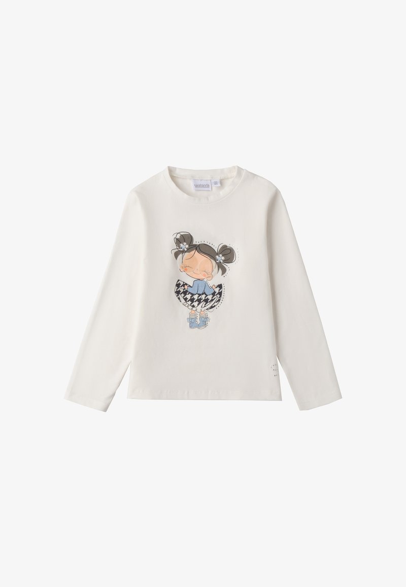 Weißes Langarm-T-Shirt aus Baumwolle, mit einem Cartoon-Druck eines Mädchens in einem blauen Kleid und einem schwarz-weißen Hahnentrittmuster-Rock.