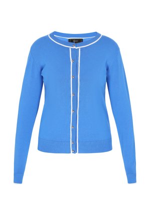 Niebieski kardigan wykonany z miękkiego materiału, z okrągłym dekoltem, długimi rękawami, z przodem na guziki i białymi wykończeniami wzdłuż dekoltu i listwy guzikowej.