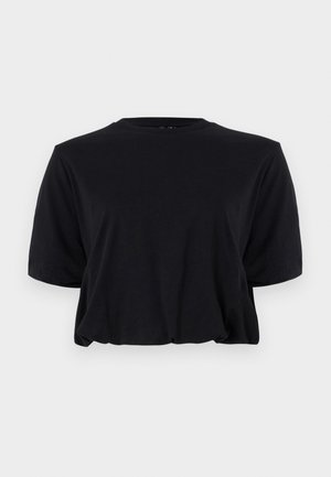 Black cropped cotton t-shirt with short sleeves and a round neckline, featuring a clean, seamless design and soft texture.