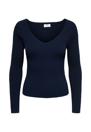Pull en maille côtelée bleu marine avec manches longues et encolure en V, silhouette ajustée.