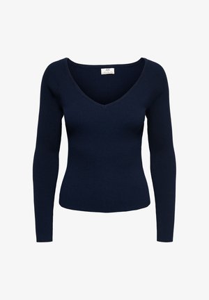 Marineblauwe geribbelde gebreide trui met lange mouwen en een V-hals, aansluitende pasvorm.