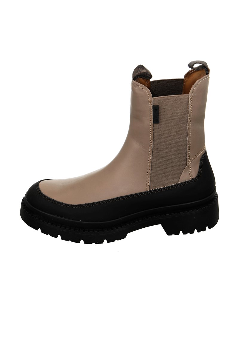 Beige leather ankle boot with black thick sole, elastic side panels, and pull tabs at heel and ankle.