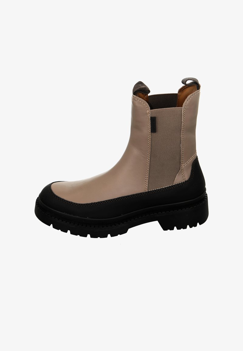 Beige leather ankle boot with black thick sole, elastic side panels, and pull tabs at heel and ankle.