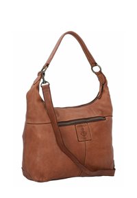 Sac à épaule en cuir marron avec une finition texturée, doté d'une poche zippée, d'une bandoulière réglable et d'un détail de logo en relief.