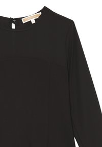 Top nero a manica lunga con scollatura rotonda, dotato di chiusura a fessura sul retro e tessuto liscio senza motivi o dettagli visibili.