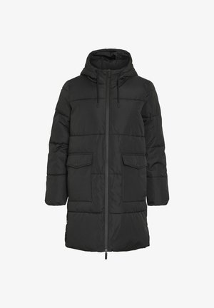 Mustal puffjakker, millel on kapuuts, esi tõmblukk, kaks rinna taskut ja tikandiga disain. Valmistatud siledast, isoleeritud kangast.