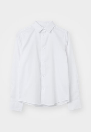 Weißes Langarm-Hemd mit Knopfleiste aus glattem Stoff, klassischem Kragen, geradem Schnitt und abgerundetem Saum. Sechs Knöpfe auf der Vorderseite.