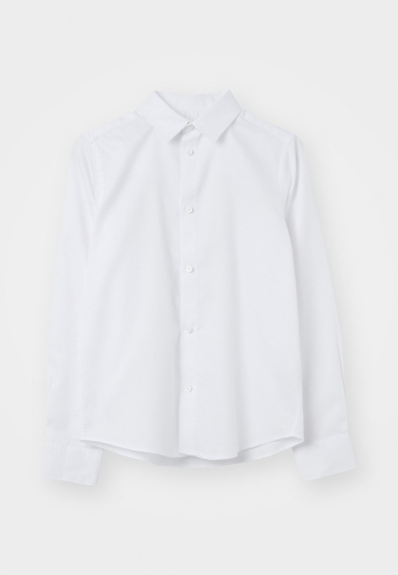 Witte lange mouwen overhemd met knopen, gemaakt van een gladde stof met een klassieke kraag, rechte snit en afgeronde zoom. Zes knopen aan de voorkant.