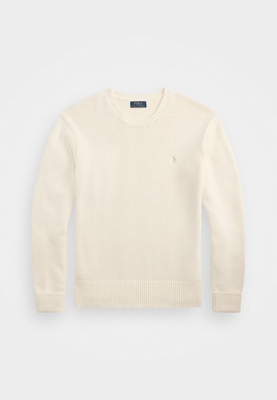 Cream-colored knit sweater with long sleeves, ribbed neckline and hem, featuring a small logo accent on the left chest.