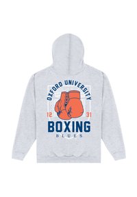 Grå hoodie med en orange boxhandske-grafik och texten "OXFORD UNIVERSITY", med "BOXING BLUES" i fet mörkblå. Med huva.