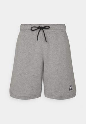Graue Sportshorts mit schwarzem Kordelzug und kleinem schwarz-weißem Jumpman-Logo am unteren linken Bein vor weißem Hintergrund.