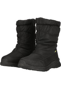 Schwarze isolierte Stiefel mit einem hohen, puffigen Design, Reißverschluss, strukturiertem Stoff und dicken Gummisohlen für besonderen Halt.