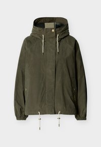 Πράσινο μπουφάν με κουκούλα, φερμουάρ μπροστά, ρυθμιζόμενα κορδόνια στην κουκούλα και στο τελείωμα, ελαστικά μανίκια και τσέπες με κουμπιά snap.