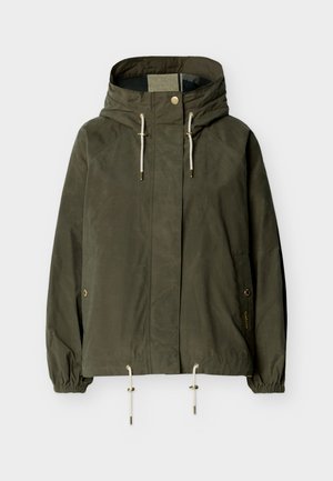 Groene capuchonjas met voorkant ritssluiting, verstelbare trekkoorden bij de capuchon en zoom, elastische manchetten en zakken met drukknoop.