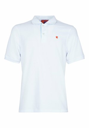 Polo bianco con maniche corte, colletto, patta con tre bottoni e un piccolo logo arancione sul petto. Tessuto di cotone liscio.