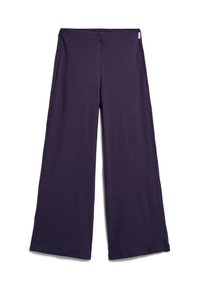 Fialové široké kalhoty s ribbovaným vzorem a elastickým pasem. Mají hladkou texturu a volný střih, ideální pro každodenní nošení.