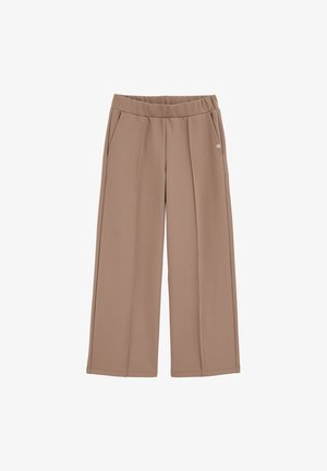 Béžové nohavice s širokými nohavicami z hladkej látky, s plisovaným predným dielom, elastickým pásom a bočnými vreckami. Jednoduchý dizajn a neutrálny odtieň.