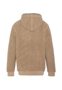 Hellbeige Fleece-Hoodie mit einem gemütlichen Stoff, gerippten Bündchen und einer Kängurutasche. Verfügt über eine Kapuze mit einer kontrastierenden Innenfarbe.