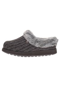 Pantofole grigie a moffole con un upper in maglia testurizzata, morbido bordo in pelliccia e una suola in gomma spessa con una suola stampata. Presenti dettagli decorativi tondi.