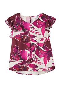Blusa floreale bianca e bordeaux con grandi fiori rosa e maniche volant. Tessuto morbido con scollatura rotonda e chiusura posteriore.