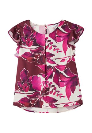 Blusa floreale bianca e bordeaux con grandi fiori rosa e maniche volant. Tessuto morbido con scollatura rotonda e chiusura posteriore.